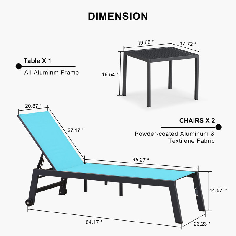 Latitude Run Outdoor Rust-Resistant Metal Chaise Lounge with Table, Blue