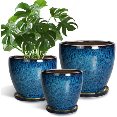 Set Of 3 Ceramic Plant Pots (10", 8", 6") With Drainage Holes & Saucers