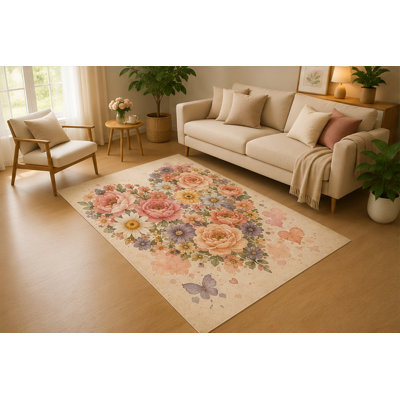 Tapis d'intérieur « Ultra Fin » 152 x 213 cm, motif floral romantique, doux et à poils courts, avec envers antidérapant en silicone, idéal pour le salon, la chambre, la salle familiale ou une décoration de style cottage. Couleur : rose, crème et violet.