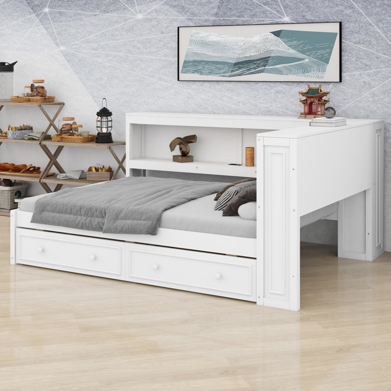 Daybed Featuring Shelves,  and Two Drawers, White