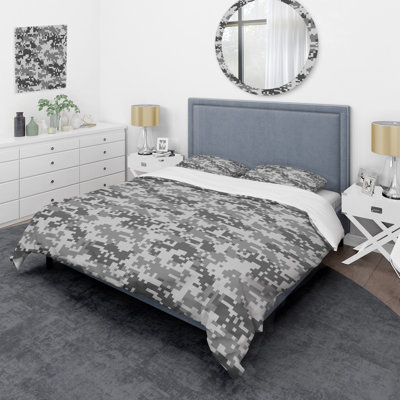 Gris camouflage numérique - ensemble de housse de couette abstrait - microfibre de polyester