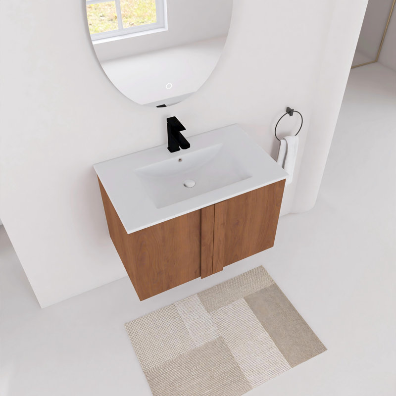 Meuble-lavabo mural 30 po avec lavabo en céramique et portes à fermeture en douceur, ébène brun, 30"