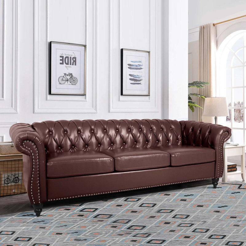 Deaneen 83.85'' Faux Leather Sofa, Brown Faux Leather