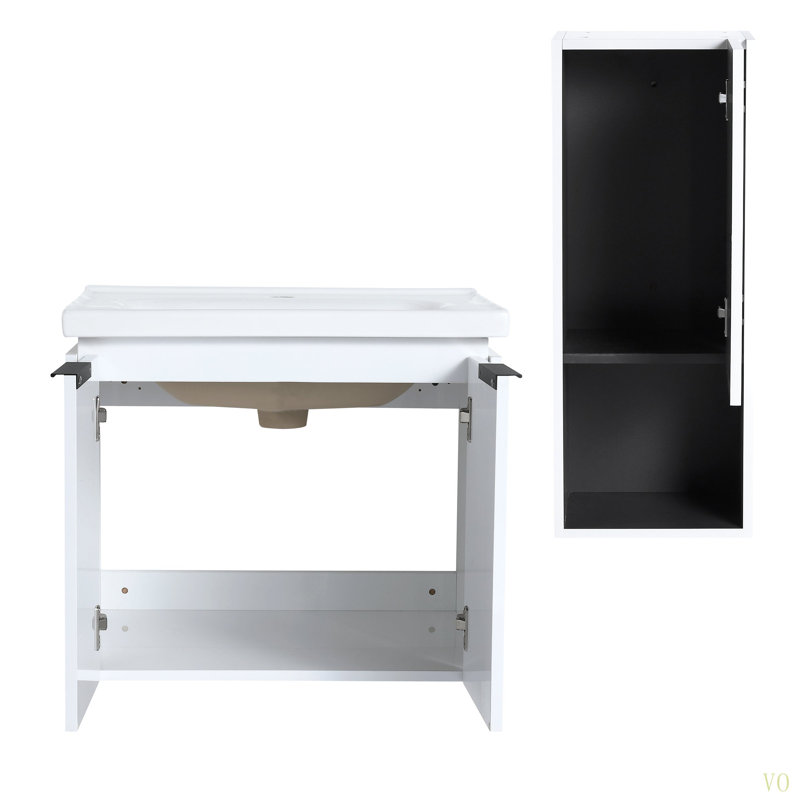 Meuble-lavabo mural 24 po avec lavabo en céramique, armoire latérale et portes à fermeture douce, armoire combinée (ensemble KD)
