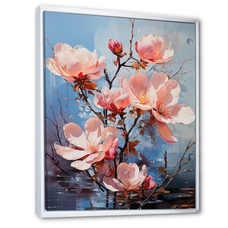 Acrylique multicolore I - impression rose et blanc Magnolias, H 32 po x l 16 po x P 1 po, Cadre flottant blanc