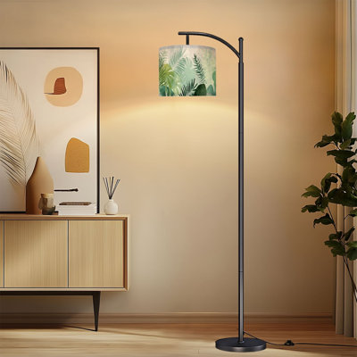 Arc Floor Lamp with Adjustable Lampshade Tropical Leaves Palm Leaves Monstera Green Beige Large Tropical Leaves Standing Lamp 3 Color Temperatures Dimmable Tall Pole Lamp with Foot Switch for Bedroom