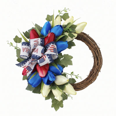 Couronne patriotique de 7,9 pouces, couronne de tulipes, pour l'extérieur de la porte d'entrée, résistante aux rayons UV et imperméable, décoration de style américain rouge, blanc et bleu