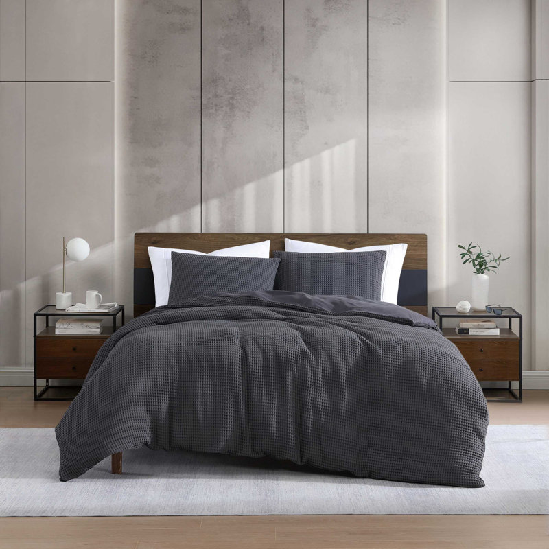 Ensemble de housse de couette gaufré Kenneth Cole, Housse de couette pour grand lit et 2 taies décor, Gris foncé