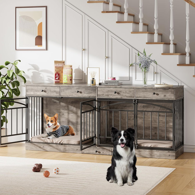 Meuble double pour 2 chiens de petite / moyenne taille - chenil d'intérieur, 4 tiroirs de rangement, bols à nourriture intégrés, meuble télé, assemblage facile, finition gris délavé