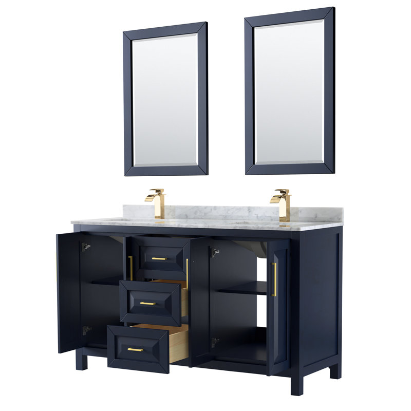 Daria 60'' W Double Vanity, Carrara Cultured Marble, Dark Blue, Brushed Gold