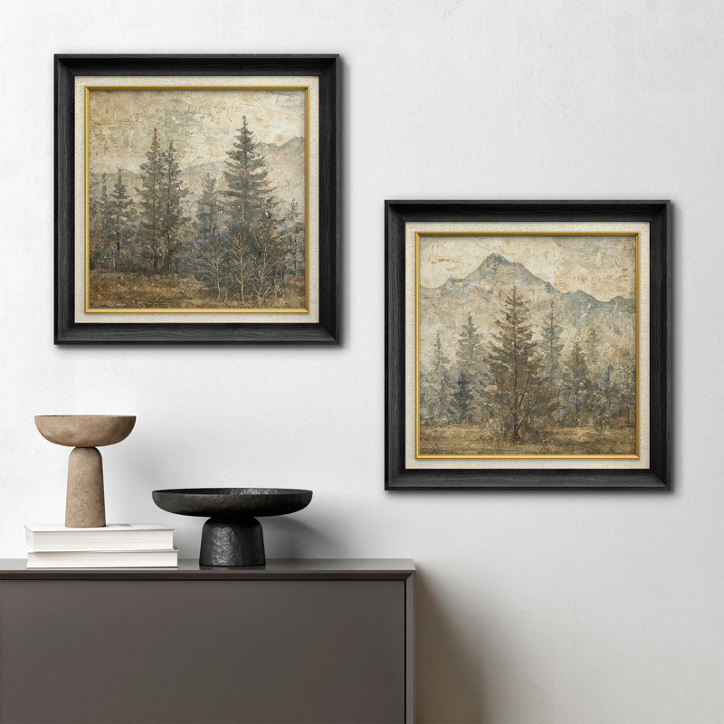 «Rustic Mountain Pine Forest Neutral Nature Landscape», reproduction d'art encadrée de la chambre principale, 2 pièces