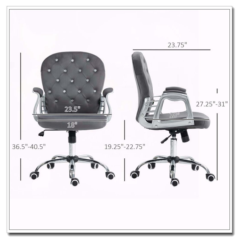 Vinsetto Velvet Home Office Chair,Button Tufted Desk Chair With Padded Armrests,Adjustable Height And Swivel Wheels,Dark Gray