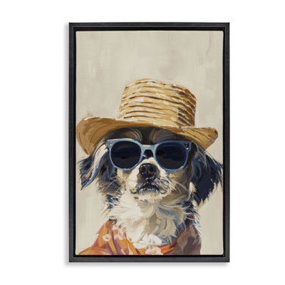 «Beach Holiday Pup», toile encadrée noire par Petals Prints Design