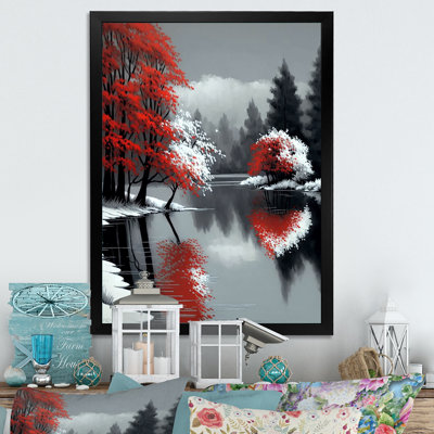 «Saige Snowy Red Trees By The Riverside», reproduction sur toile