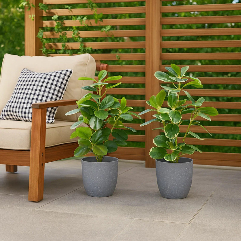 Ensemble de 2 plantes en soie artificielle Dorae Ficus Elastica, 56 feuilles vertes, pot gris, Gris