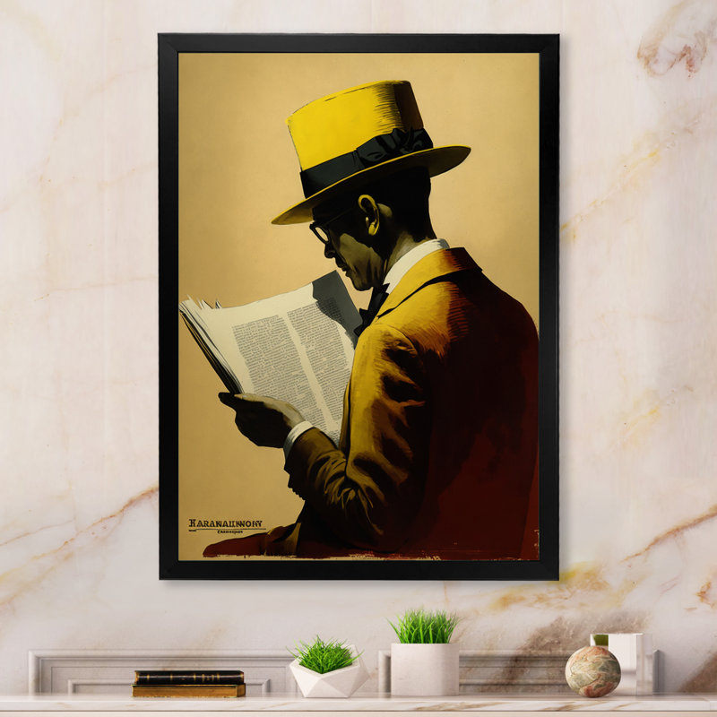«Mysterious Man with Yellow Hat lecture d'un livre», reproduction sur toile, H 32 po x l 24 po x P 1 po, Cadre simple noir