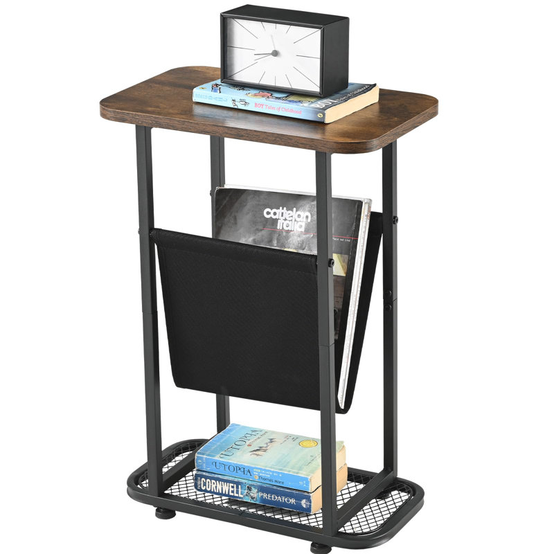 Narrow End Tables With Magazine Rack Mesh Shelves, Small Side Table With Storage, Bedside Couch Table Skinny Nightstand, Rustic Brown