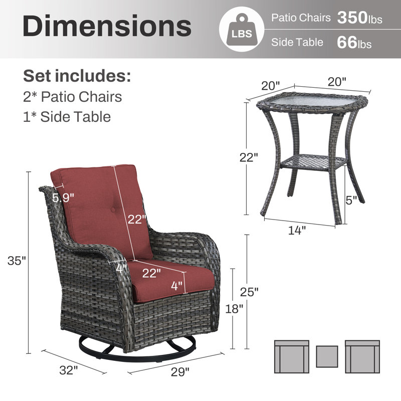 Ensemble de fauteuil oscillant et table d'appoint en osier Wendye avec coussins en oléfine résistants à l'eau, Rouge, Gris