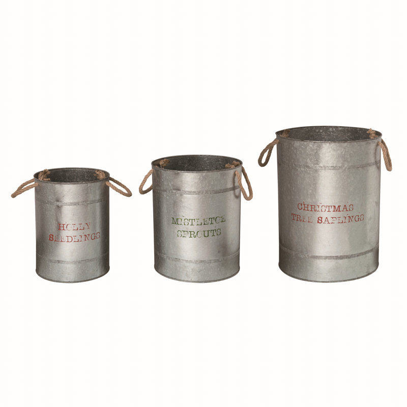  Metal 15.75 in. Grey Christmas Buckets with Rope Handles Set of 3