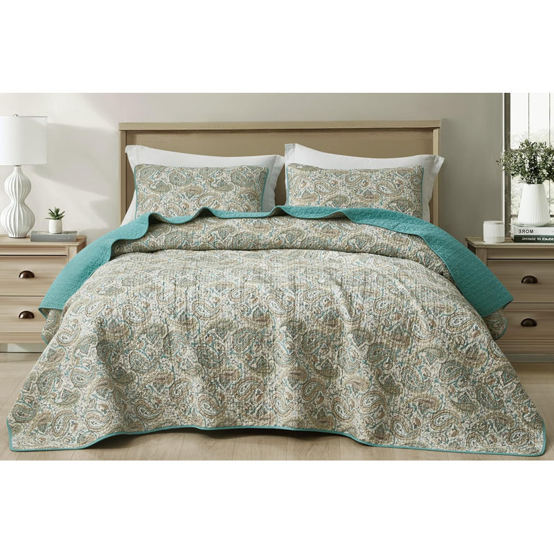 Presley Paisley Floral Printed Reversible Washed Cotton Quilt Set, Queen Quilt + 2 Standard Pillow Shams