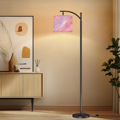 Lampe sur pied à arc avec abat-jour ajustable tourbillon de marbre rose doux art abstrait teintes pastel Lampe sur pied 3 températures de couleur à intensité variable avec interrupteur au pied pour la chambre à coucher