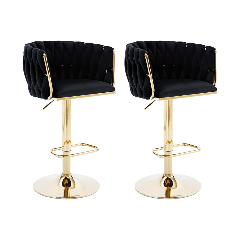Swivel Adjustable Height Bar Stool with Woven Backs and Gold Base, Black