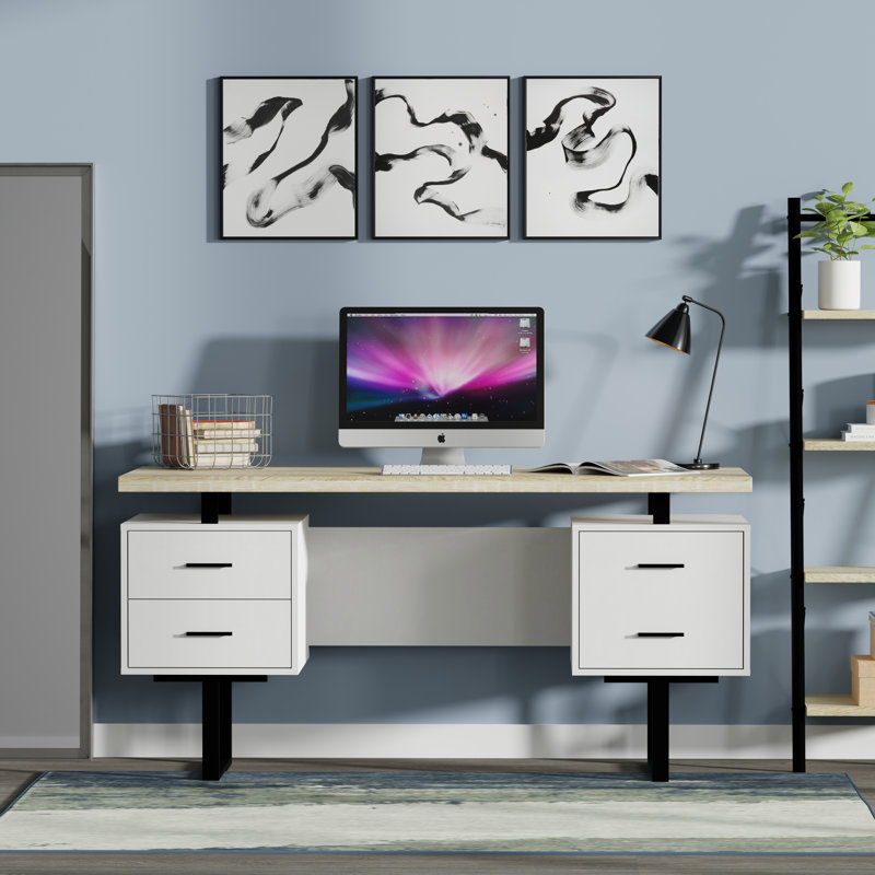 Auniya 60'' Desk, White Oak Top, White Body, Black Metal/Hardware