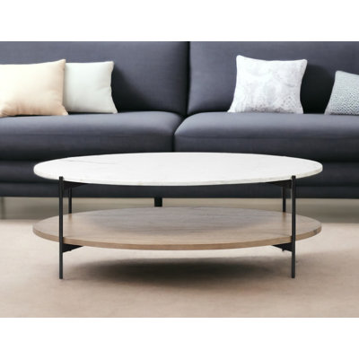Shepparton 48" Black White And Natural Genuine Marble And Metal Oval Coffee Table With Shelf