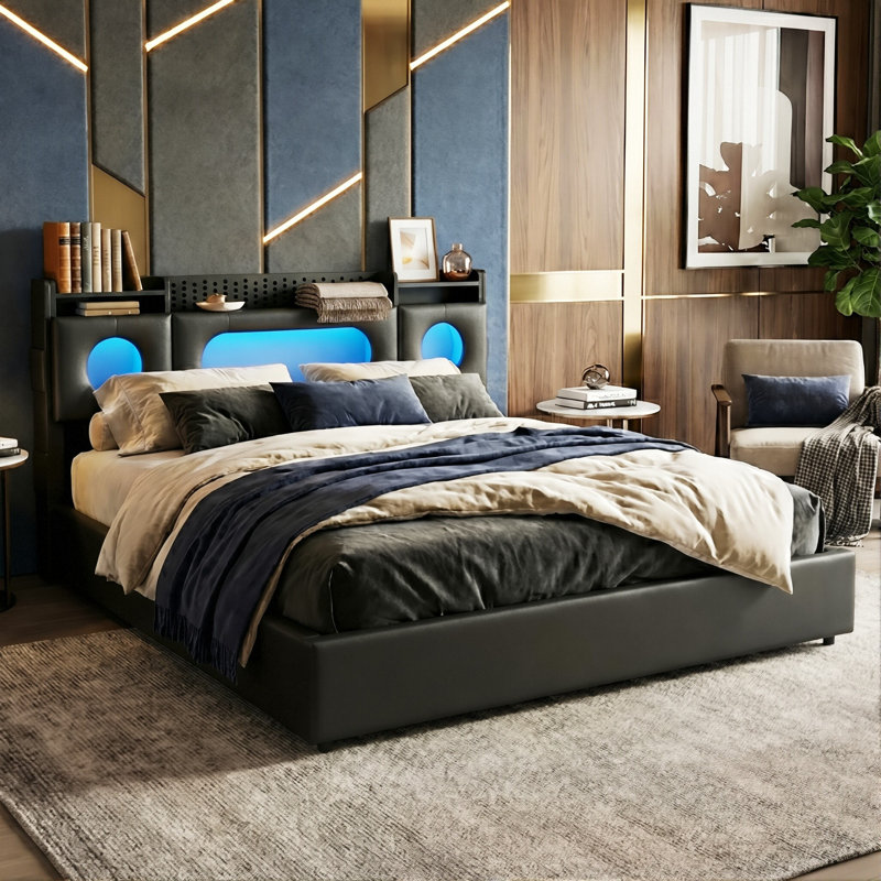 PU Leather Ottoman Bed, RGB LED Storage Headboard & USB-C Charging, European Double (140X200cm) & King (160X200cm) , Black