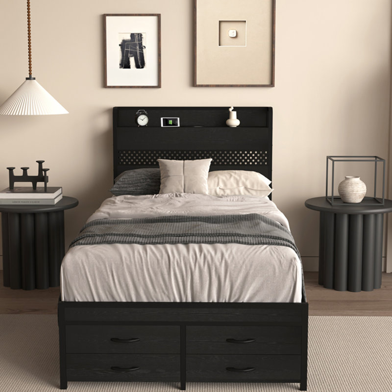 Twin Size Metal Bed Frame with Headboard & Storage Drawers, Black Platform Bed for Kids Teens Adults, No Box Spring Needed