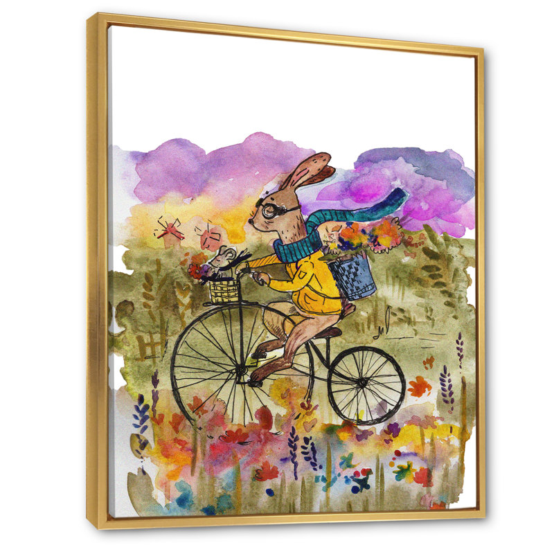 Mignon tour de vélo de lapin - peinture, H 12 po x l 8 po x P 1 po, Cadre flottant doré