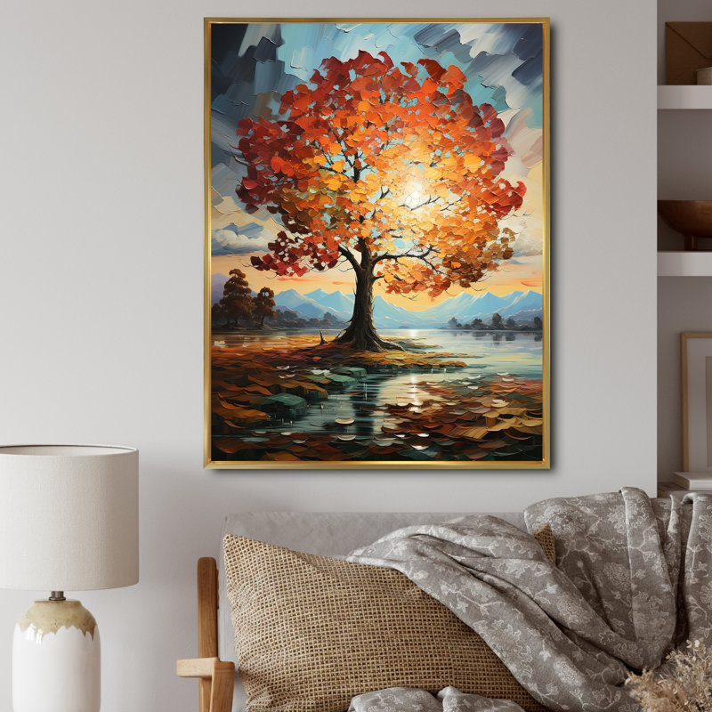 Orange, bleu sarcelle, érable majestueux, érable, art mural encadré, H 32 po x l 24 po x P 1 po, Cadre flottant doré