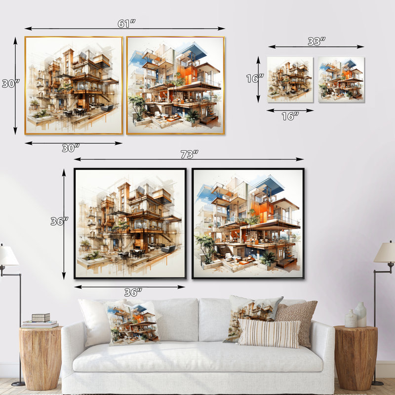 Dessin d'analyse de loges d'un hôtel - ensemble de 2 collages carrés, Cadre flottant doré, H 16 po x l 33 po