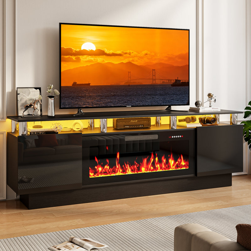 Meuble télé avec foyer électrique Alazik, Noir / argenté, Noir, 24”H x 14”L x 70”W