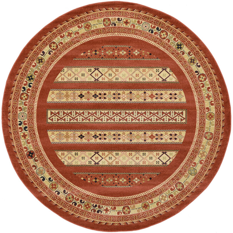 Tapis rouge / beige tissé à la machine Jaeden, Rond 12 pi 2 po