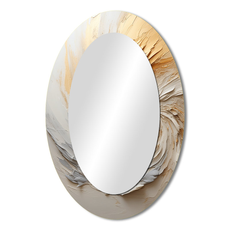 Peinture abstraite or et spirale blanche I - Miroir décoratif abstrait ovale sur métal, 36 po x 24 po