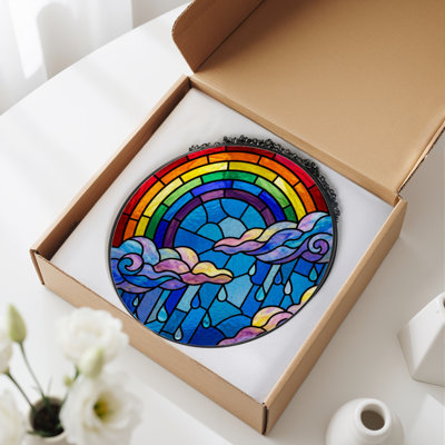 12"H Rainbow Clouds Stained Glass Window Panel