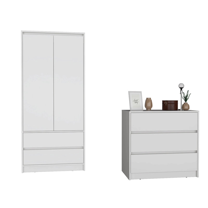 Ensemble de chambre à coucher 2 pièces, commode et armoire, Blanc