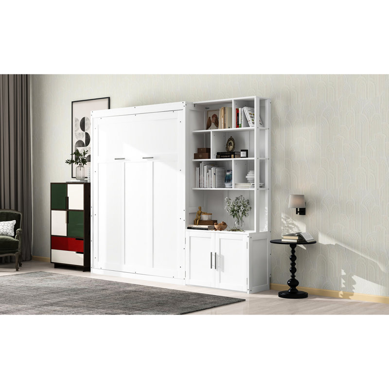 Lit double blanc avec de nombreuses tablettes et armoires de rangement - Fonction chic dans la chambre à coucher