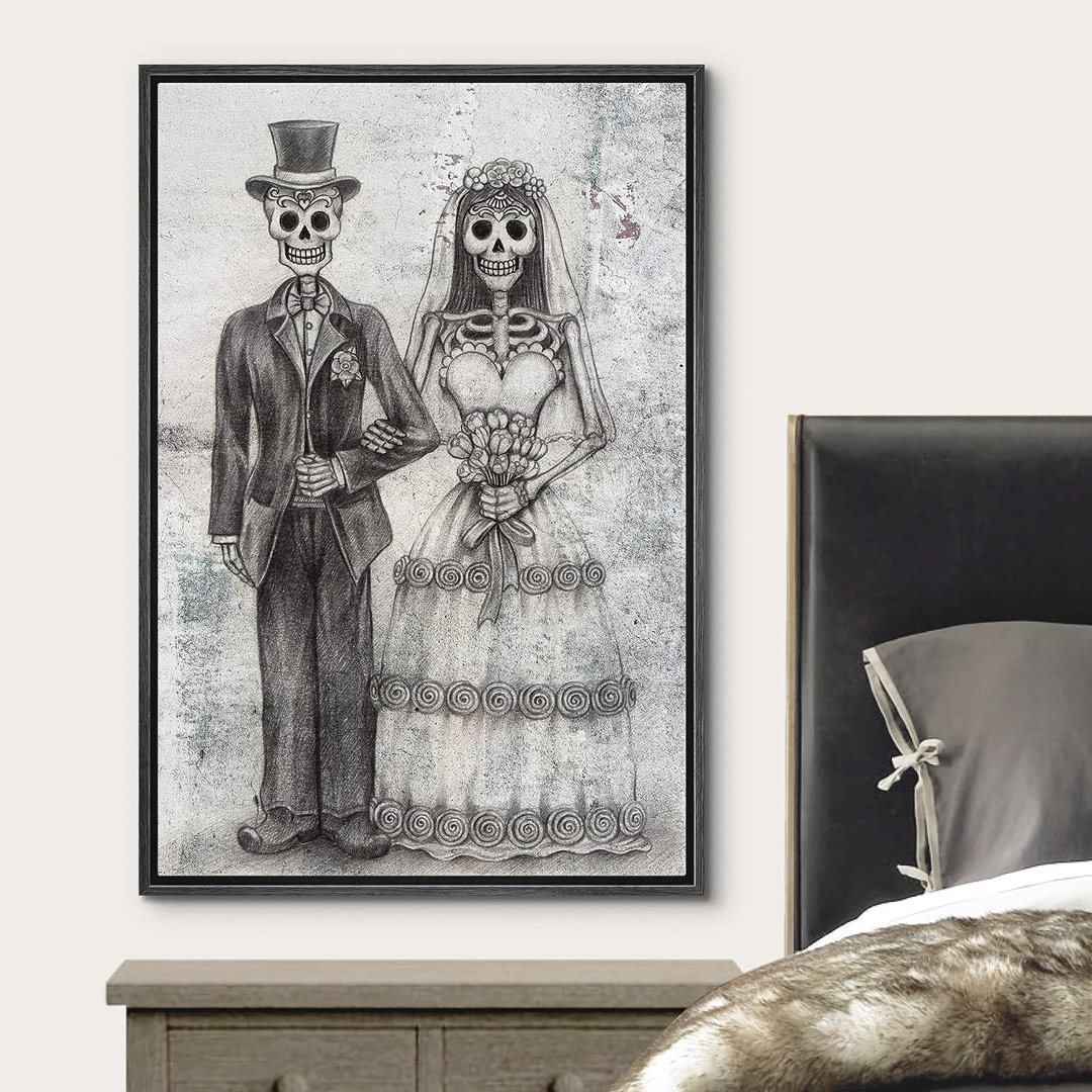 Moody Skull Gothic Wedding Skull Couple Artwork Oversize Framed Canvas Painting Print Wall Art IDEA4WALL