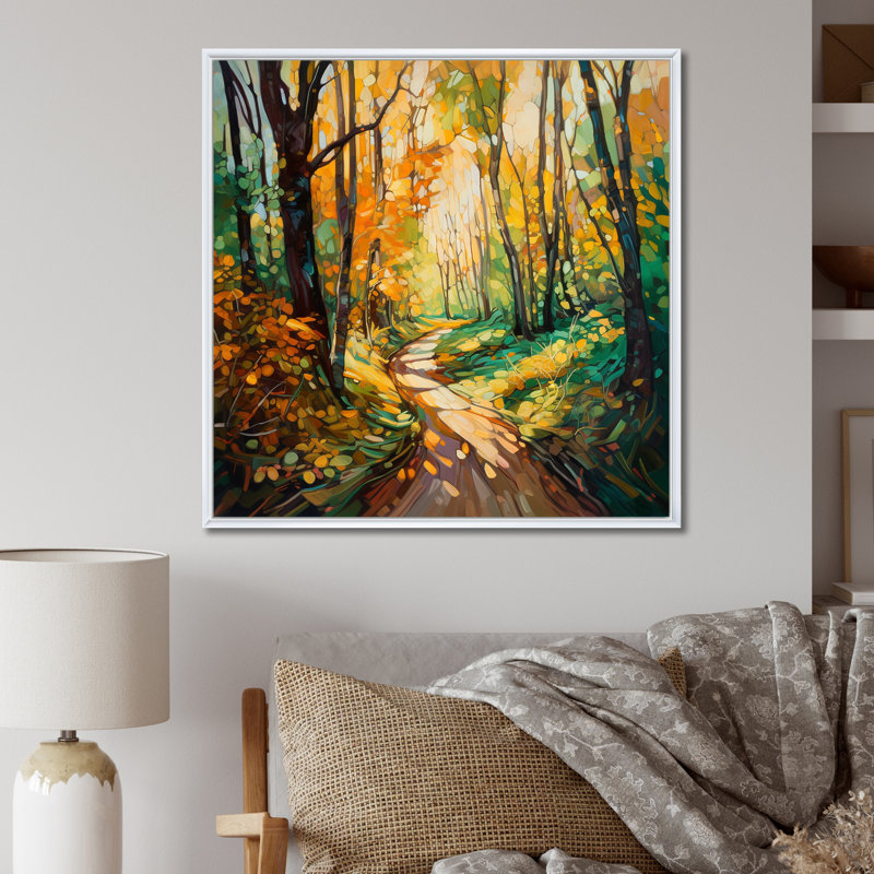 Lumière du soleil à travers les arbres en forêt d'automne - décoration murale forêt, H 30 po x l 30 po, Cadre flottant blanc