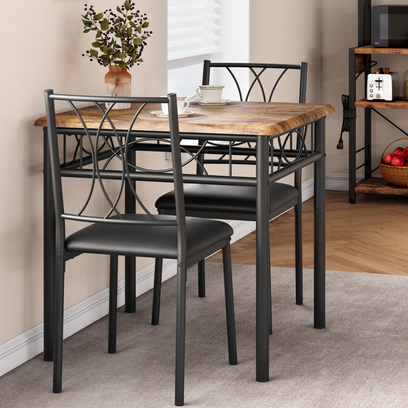 Rustic Brown Square Dining Table with 2 Upholstered Chairs