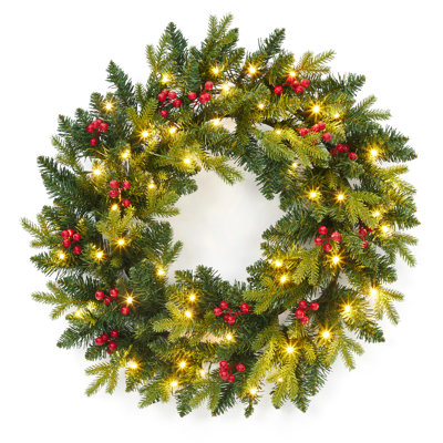 24 Inch Christmas Wreaths for Front Door with Red Berries and Led Lights, Artificial Pine Needles