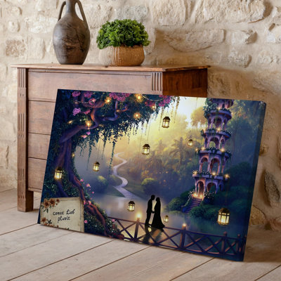 Canvas A Whimsical Fantasy Scene Featuring A Fairytale Tower Adorned With Wall Art Vibrant Flowers And Greenery Bathed In Warm Golden Canvas Wall Art