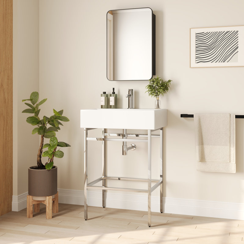 Silver Ceramic Wall-Mount Console Bathroom Sink with Stainless Steel Bracket