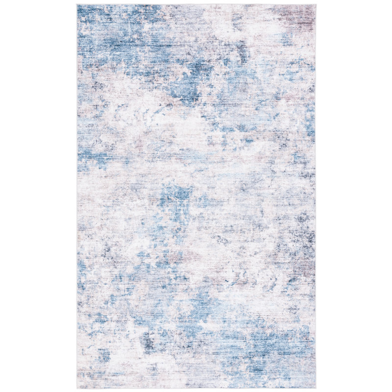 Tapis en polyester tissé à la machine abstrait bleu / blanc / gris Suntia, Rectangle 8 pi x 10 pi