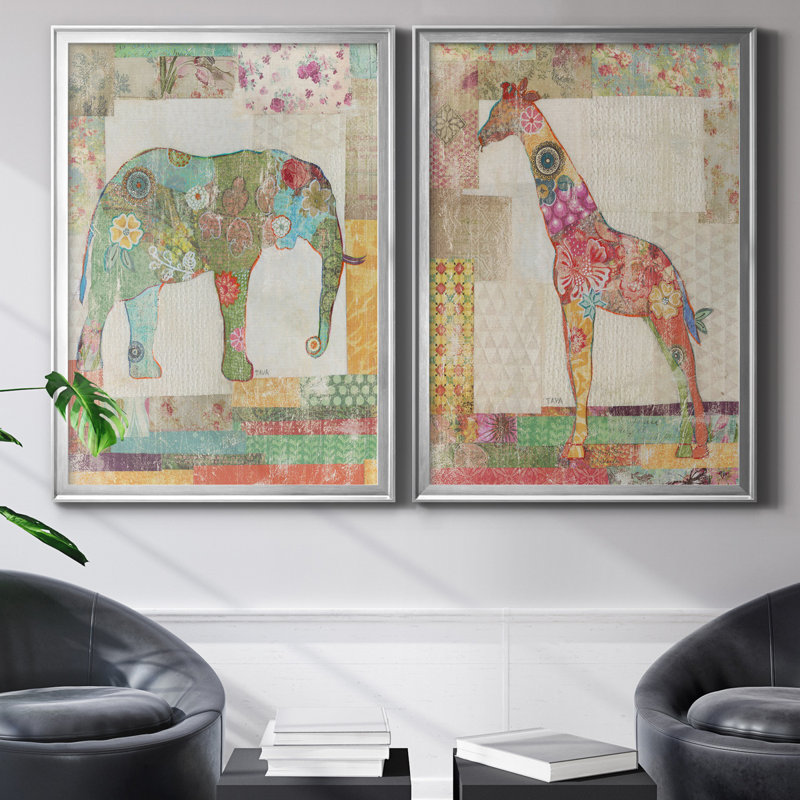 «Elephant Montage», ensemble de 2 impressions, Pas de tapis, Toile encadrée argentée, H 30,5 po x l 85 po x P 3 po