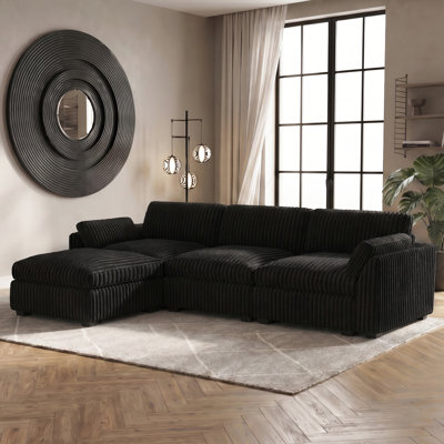 Plush Wide Corduroy Modular Sectional Sofa L-Shaped Solid Wood Sofa with Ottoman