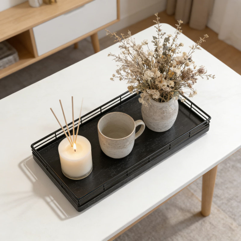 Wood Vanity Tray With Iron Mesh Edges, Bathroom Countertop Organizer For Dresser, Kitchen, Coffee Bar, And Home Decor, Black