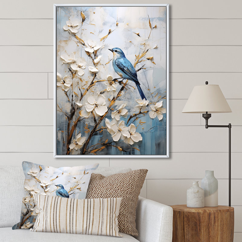 Art mural minimaliste, fleurs et oiseaux du printemps, 32" H x 24" W, Cadre flottant blanc